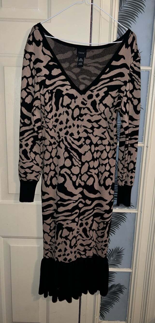 Cliche Animal Print Sweater Dress Long Sleeve Midi Evening Cocktail Size 2X